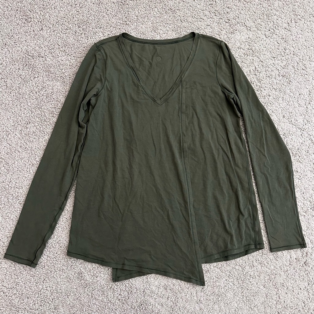 Lululemon Olive Green V-Neck Asymmetric Overlay Front Long Sleeve Womens Top